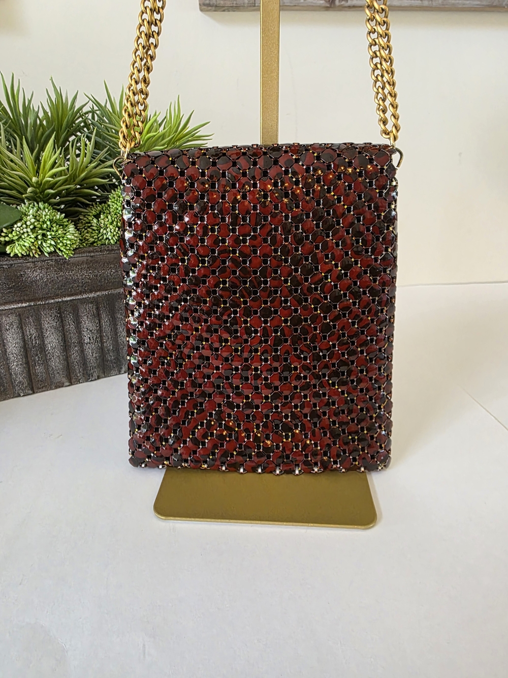 Vintage Whiting & Davis Red Brown Tortoise Enameled Metal Mesh Shoulder Bag - Picture 5 of 11